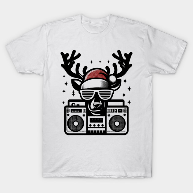 Retro Christmas Reindeer Santa Hat T-Shirt by Frank Ring