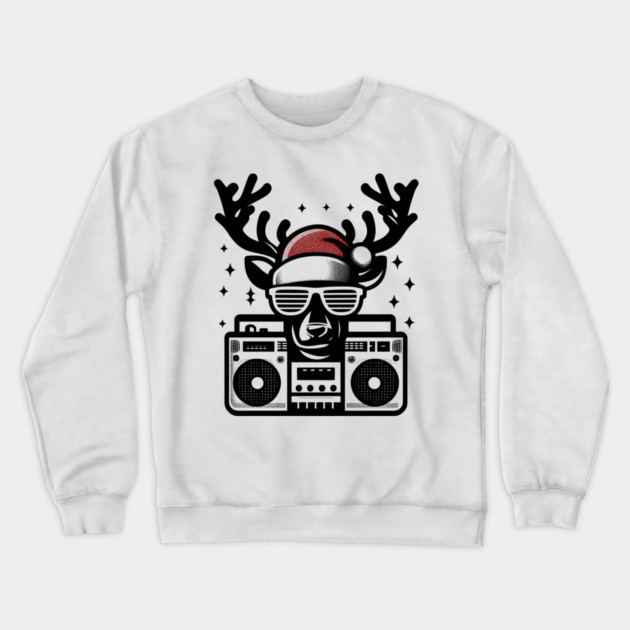 Retro Christmas Reindeer Santa Hat Crewneck Sweatshirt by Frank Ring
