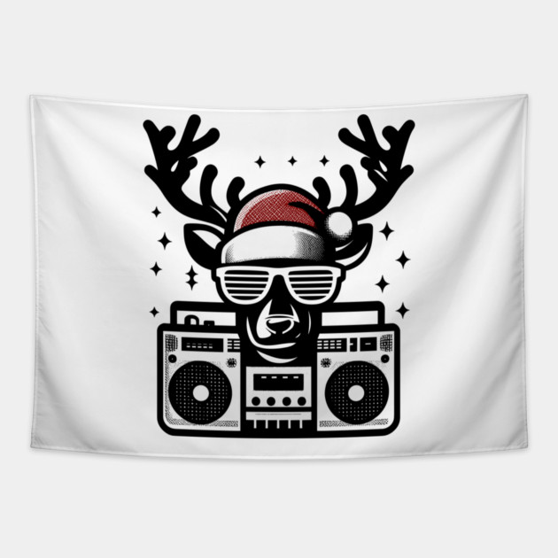 Retro Christmas Reindeer Santa Hat Tapestry by Frank Ring