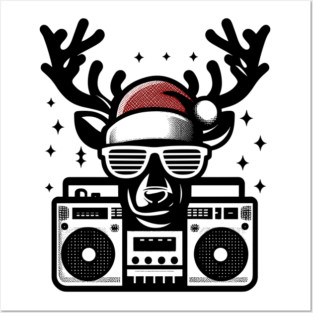 Retro Christmas Reindeer Santa Hat Posters and Art