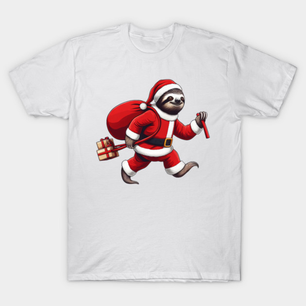 Festive Sloth Santa Christmas Xmas Holiday Funny T-Shirt by Frank Ring