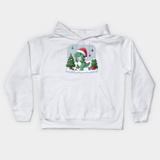 Cute Dino Santa Hat Xmas Cartoon Christmas Dinosaur Kids Hoodie