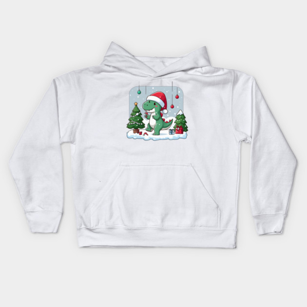 Cute Dino Santa Hat Xmas Cartoon Christmas Dinosaur Kids Hoodie by Frank Ring
