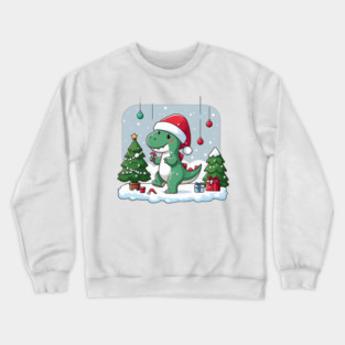 Cute Dino Santa Hat Xmas Cartoon Christmas Dinosaur Crewneck Sweatshirt
