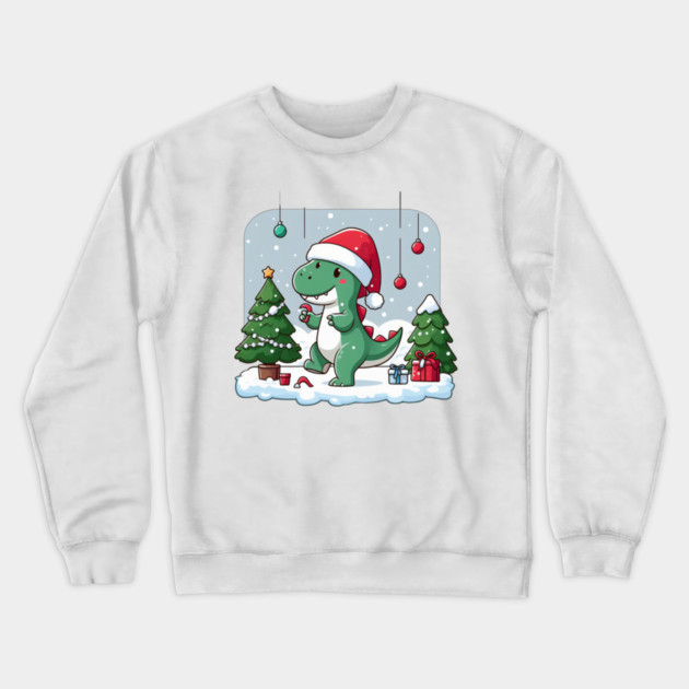 Cute Dino Santa Hat Xmas Cartoon Christmas Dinosaur Crewneck Sweatshirt by Frank Ring