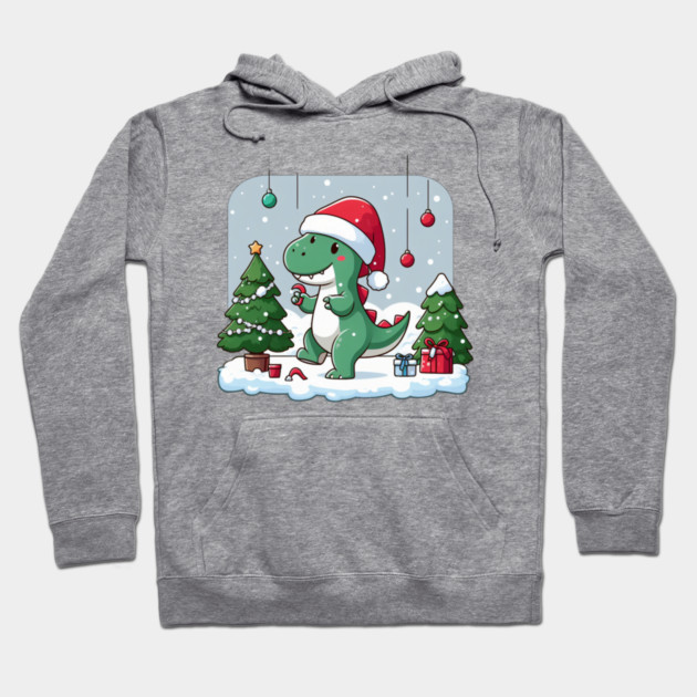 Cute Dino Santa Hat Xmas Cartoon Christmas Dinosaur Hoodie by Frank Ring
