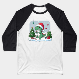 Cute Dino Santa Hat Xmas Cartoon Christmas Dinosaur Baseball T-Shirt