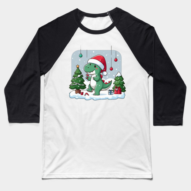 Cute Dino Santa Hat Xmas Cartoon Christmas Dinosaur Baseball T-Shirt by Frank Ring