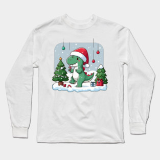 Cute Dino Santa Hat Xmas Cartoon Christmas Dinosaur Long Sleeve T-Shirt