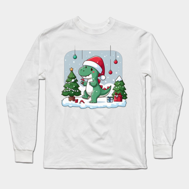 Cute Dino Santa Hat Xmas Cartoon Christmas Dinosaur Long Sleeve T-Shirt by Frank Ring
