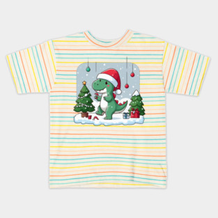 Cute Dino Santa Hat Xmas Cartoon Christmas Dinosaur Kids T-Shirt