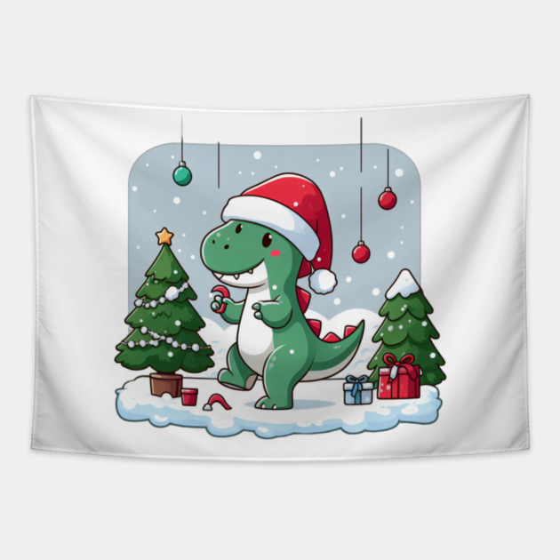 Cute Dino Santa Hat Xmas Cartoon Christmas Dinosaur Tapestry by Frank Ring