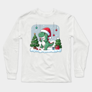 Cute Dino Santa Hat Xmas Cartoon Christmas Dinosaur Long Sleeve T-Shirt