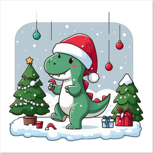 Cute Dino Santa Hat Xmas Cartoon Christmas Dinosaur Wall Art by Frank Ring
