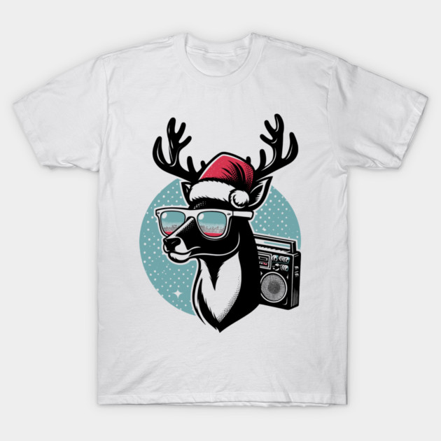 Retro Christmas Reindeer Santa Hat T-Shirt by Frank Ring