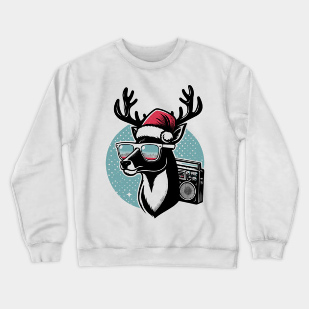Retro Christmas Reindeer Santa Hat Crewneck Sweatshirt by Frank Ring