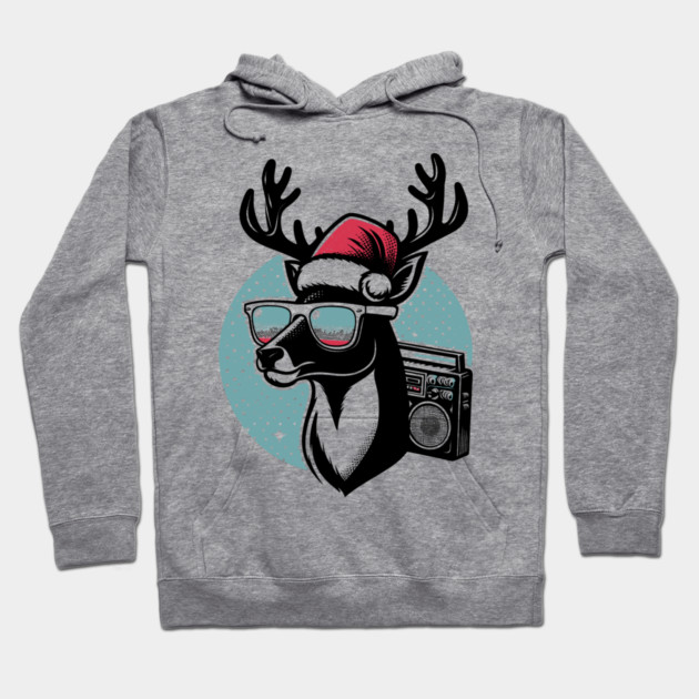 Retro Christmas Reindeer Santa Hat Hoodie by Frank Ring