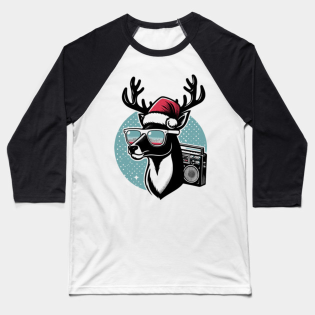 Retro Christmas Reindeer Santa Hat Baseball T-Shirt by Frank Ring