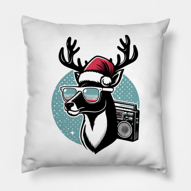 Retro Christmas Reindeer Santa Hat Pillow by Frank Ring