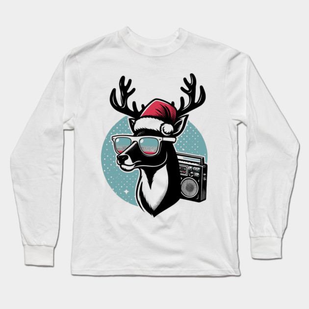 Retro Christmas Reindeer Santa Hat Long Sleeve T-Shirt by Frank Ring