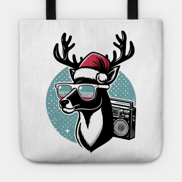 Retro Christmas Reindeer Santa Hat Tote by Frank Ring