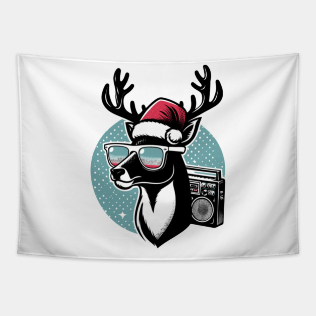Retro Christmas Reindeer Santa Hat Tapestry by Frank Ring
