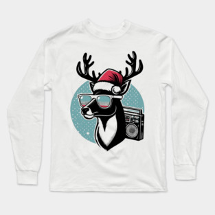 Retro Christmas Reindeer Santa Hat Long Sleeve T-Shirt