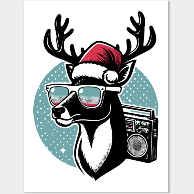 Retro Christmas Reindeer Santa Hat Wall Art by Frank Ring
