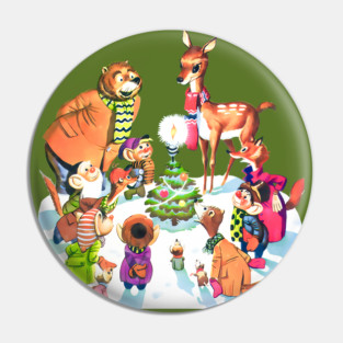 REVISTANGO #237 - Enchanted Winter Circle of Woodland Creatures by Candlelight, Vintage Christmas Art Radiating Peace, Color Harmony, and Mid-Century Whimsy, Vintage Pin