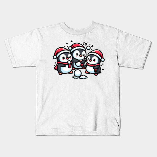 Adorable Cute Penguin Santa Hat Winter Snowball Fight Kids T-Shirt by Frank Ring