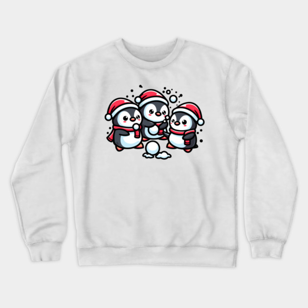 Adorable Cute Penguin Santa Hat Winter Snowball Fight Crewneck Sweatshirt by Frank Ring