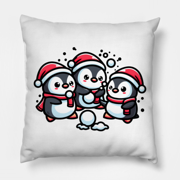 Adorable Cute Penguin Santa Hat Winter Snowball Fight Pillow by Frank Ring