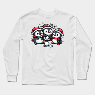 Adorable Cute Penguin Santa Hat Winter Snowball Fight Long Sleeve T-Shirt