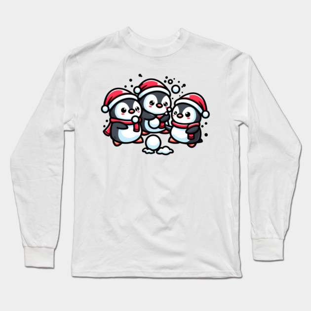 Adorable Cute Penguin Santa Hat Winter Snowball Fight Long Sleeve T-Shirt by Frank Ring