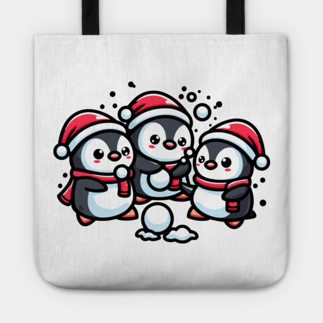 Adorable Cute Penguin Santa Hat Winter Snowball Fight Tote by Frank Ring