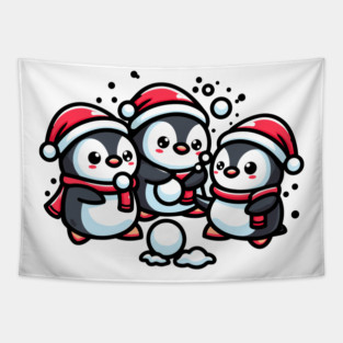 Adorable Cute Penguin Santa Hat Winter Snowball Fight Tapestry