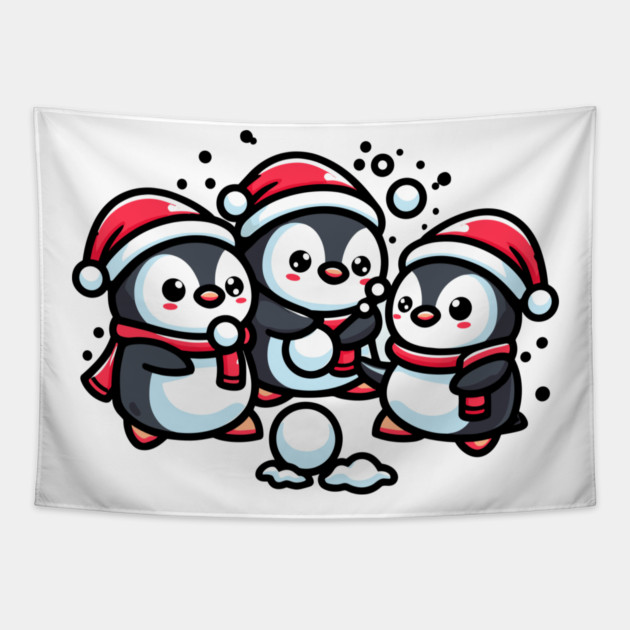 Adorable Cute Penguin Santa Hat Winter Snowball Fight Tapestry by Frank Ring