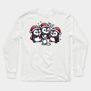 Adorable Cute Penguin Santa Hat Winter Snowball Fight Long Sleeve T-Shirt