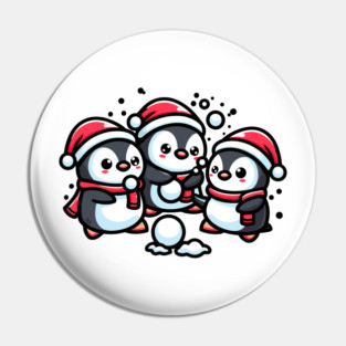 Adorable Cute Penguin Santa Hat Winter Snowball Fight Pin