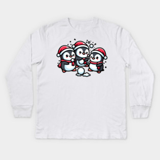 Adorable Cute Penguin Santa Hat Winter Snowball Fight Kids Long Sleeve T-Shirt