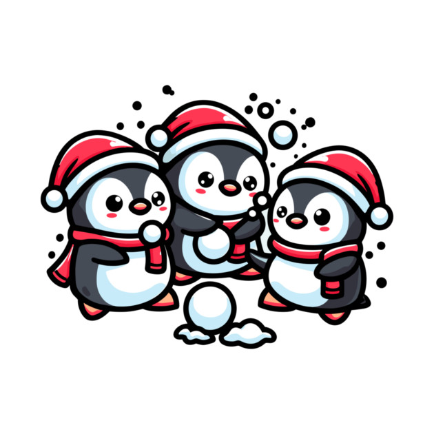 Adorable Cute Penguin Santa Hat Winter Snowball Fight by Frank Ring