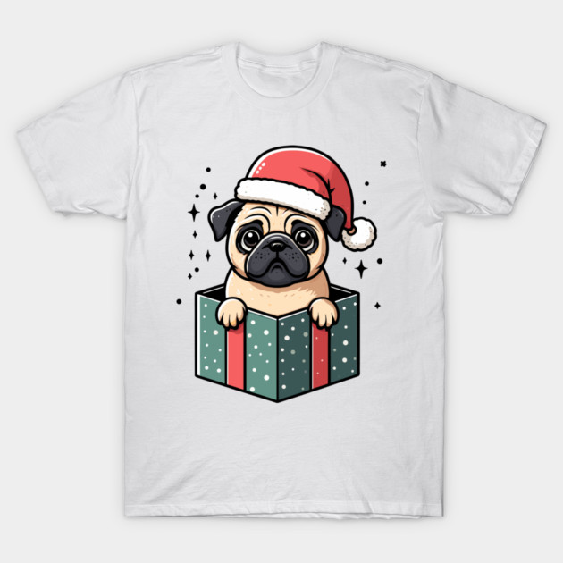 Pug In Present Dog Christmas Festive Santa Hat T-Shirt by Frank Ring