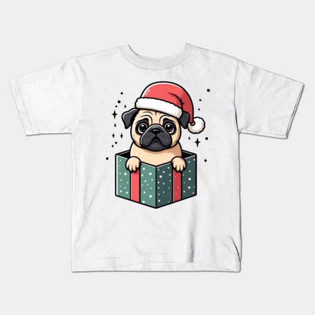 Pug In Present Dog Christmas Festive Santa Hat Kids T-Shirt by Frank Ring