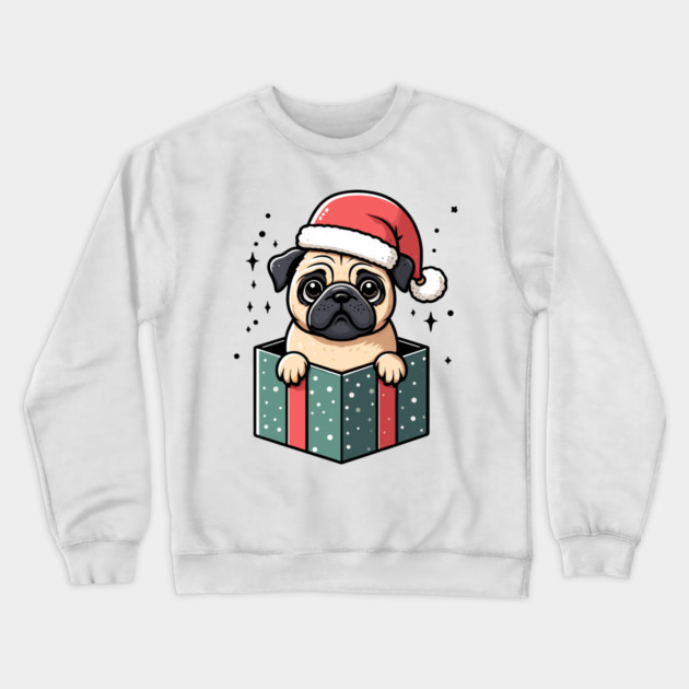 Pug In Present Dog Christmas Festive Santa Hat Crewneck Sweatshirt by Frank Ring
