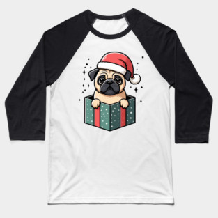 Pug In Present Dog Christmas Festive Santa Hat Baseball T-Shirt
