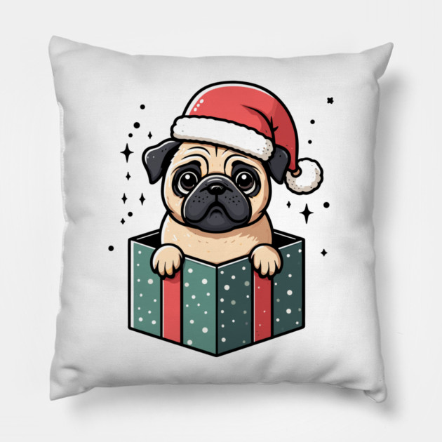 Pug In Present Dog Christmas Festive Santa Hat Pillow by Frank Ring
