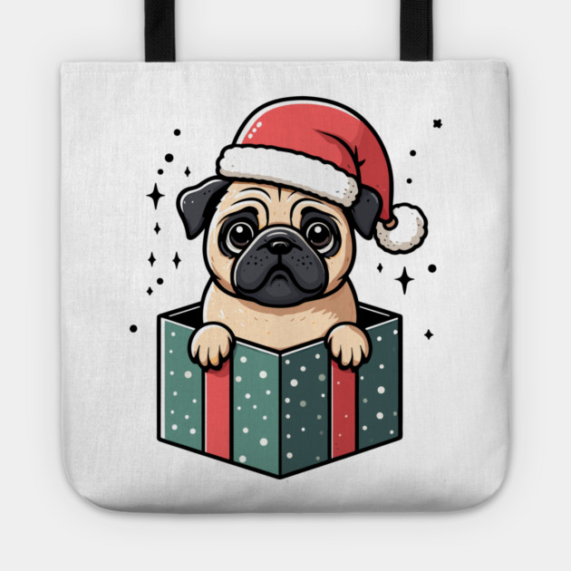 Pug In Present Dog Christmas Festive Santa Hat Tote by Frank Ring