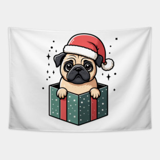 Pug In Present Dog Christmas Festive Santa Hat Tapestry