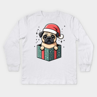 Pug In Present Dog Christmas Festive Santa Hat Kids Long Sleeve T-Shirt