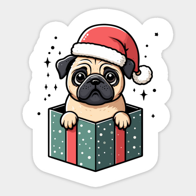 Pug In Present Dog Christmas Festive Santa Hat Sticker by Frank Ring